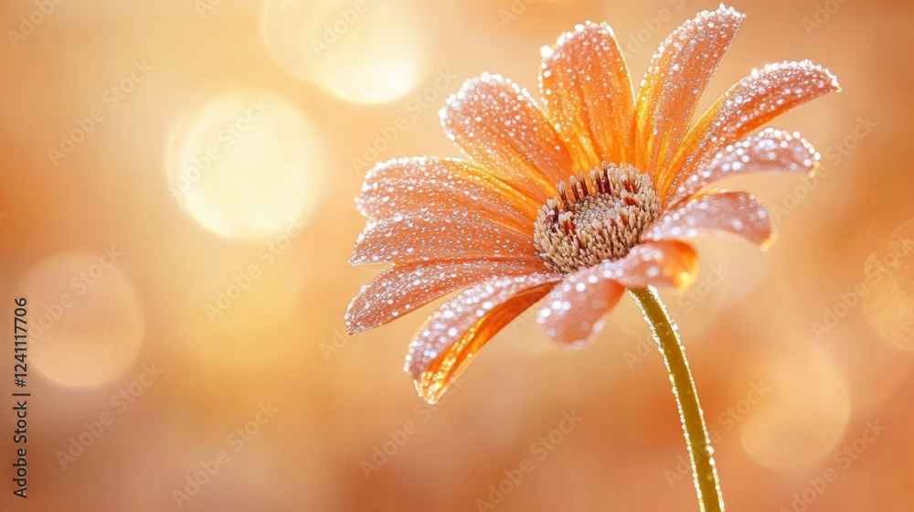Poster an artistic composition of a single flower stem with dew-covered petals against a blurred background