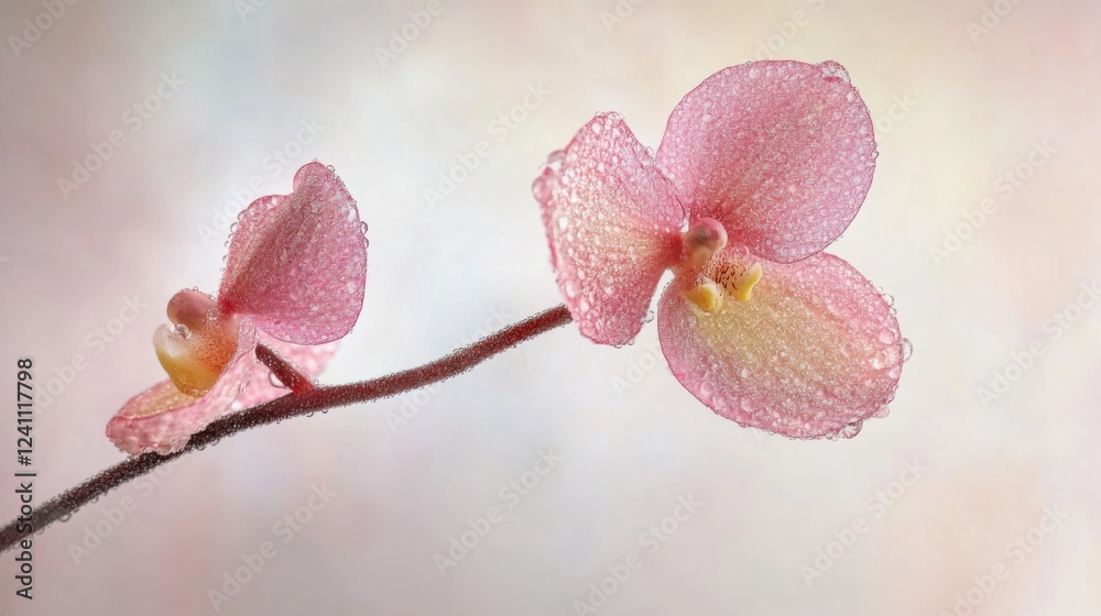 Aufkleber an artistic composition of a single flower stem with dew-covered petals against a blurred background