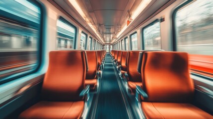Fototapeta premium An interior shot of a high-speed train cabin, featuring comfortable seating, large windows, and passengers enjoying the smooth ride, highlighting a luxurious travel experience.