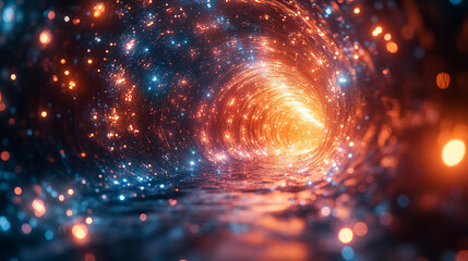 Obraz premium Colorful lights swirl in a vibrant tunnel illuminated by shimmering orbs and waves
