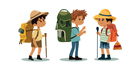 set of boys explorers with travel equipment