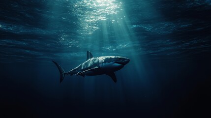 Fototapeta premium Majestic Great White Shark Swimming in Deep Ocean Waters