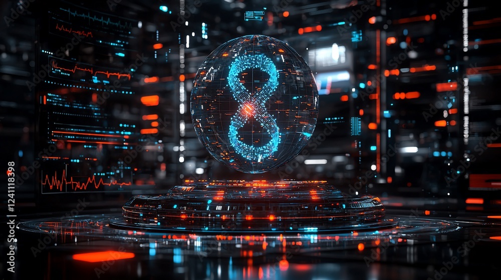 Poster Global network data visualization, server room background, futuristic technology concept, stock image