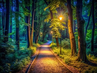 Fototapeta premium Low Light Running Path: Serene Nighttime Jog Through Trees