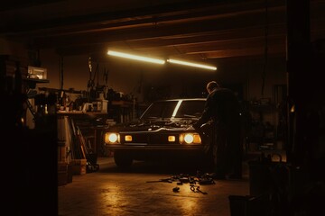 Man working on classic car in dimly lit garage