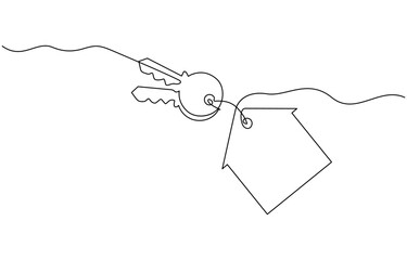 Drawing a continuous line of the house on the hand with the keys. Continuous One Line Drawing Real Estate Icons Concept, Single Line Vector Illustration.