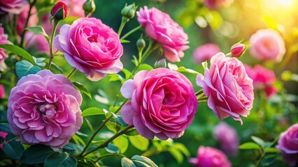 Lush Pink Roses Blooming on a Rose Bush in a Summer Garden