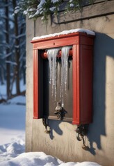 Icicles hanging from a fire hose cabinet partially buried in the snow, partially exposed, cold weather