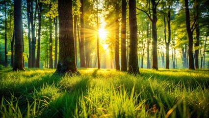 Lush Summer Forest Double Exposure: Green Grass and Trees - Stock Photo