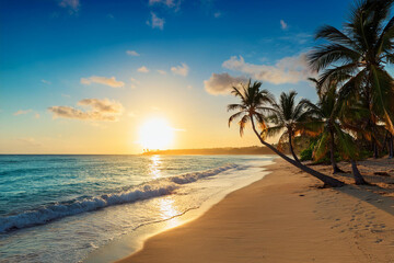 Sandy beach with coconut palm trees in the turquoise sea on Paradise island. Royalty high-quality free best stock of Panoramic sunrise landscape. Inspire tropical seascape horizon, Summer vacation