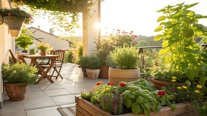 Fototapeta premium Serene Garden Patio at Sunrise Potted Herbs Flowers and Wooden Planter Box