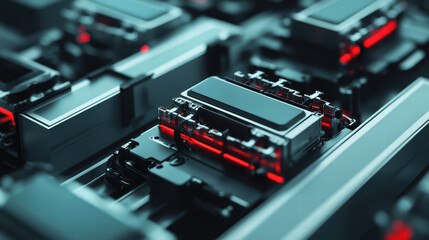 High tech electric car battery cell modules with glowing red accents, arranged in robotic assembly. intricate design showcases advanced technology and innovation in electric vehicle components
