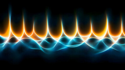 Abstract energy waves, vibrant blue and orange glow, dark background, digital art for tech or music visuals