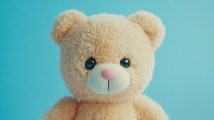 Obraz premium Cute Plush Teddy Bear with Black Button Eyes: Close-Up Portrait in Soft Blue Pastel Setting