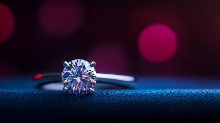 Fototapeta premium A stunning close-up of an elegant engagement ring glistening with a round diamond against a blurred backdrop.