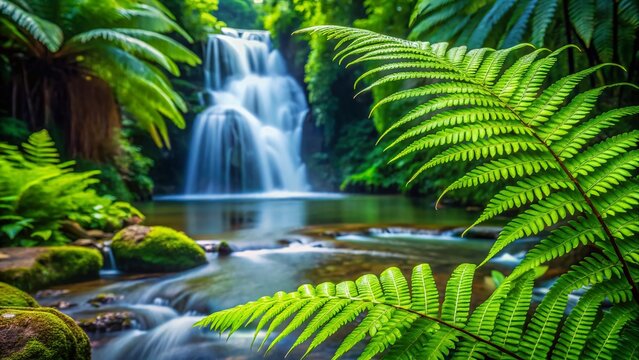 Lush Tropical Waterfall with Ancient Ferns - Exotic Nature Stock Photo