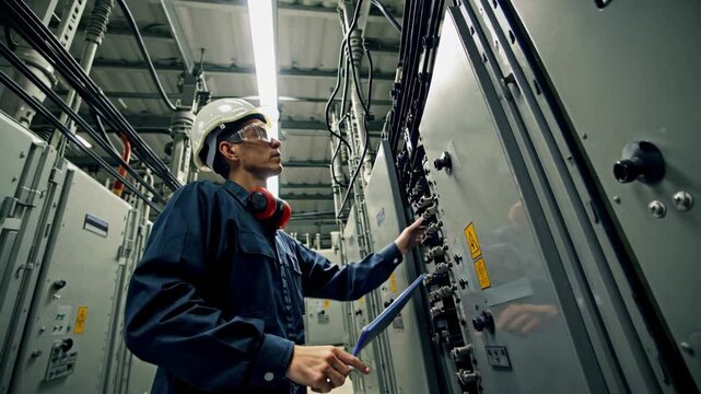 engineer testing electrical panels in a power substation, focusing on energy distribution maintenance