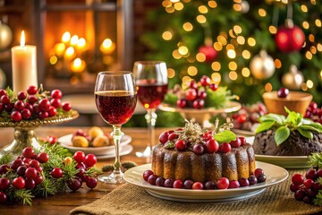 Luxurious Christmas Dinner: Fruitcake, Grapes & Wine Festive Feast