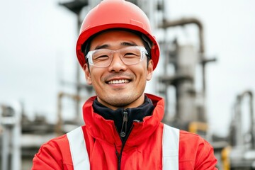 Smiling Asian Engineer Wearing Safety Gear at Refinery
