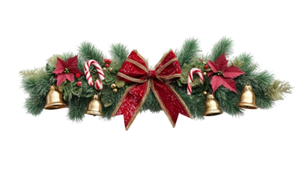 Isolated Festive Christmas Garland with Poinsettias and Golden Bells