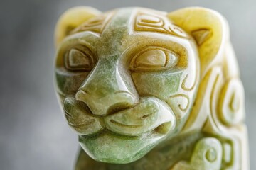 Intricate jade carving of a feline, possibly a jaguar or puma, exhibiting Mayan or Aztec-inspired...