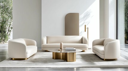 A modern, minimalist living room featuring a neutral sofa set, stylish coffee table, and natural lighting that enhances the serene ambiance.