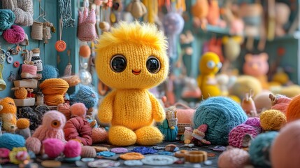 An Adorable Yellow Sock Puppet Surrounded by Diverse Handmade Crafts and Playful Toys Captured in Tilt-Shift Miniature Photography Style
