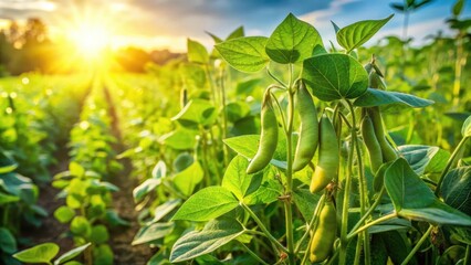 Obraz premium Beans in a green field with Cyamopsis tetragonoloba plants surrounded by tall grass and sunlight filtering through leaves, outdoor, nature