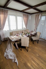 Festive table decorations, flowers and tableware, beautiful table setting for guests