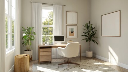 Fototapeta premium A bright and airy home office featuring a minimalist desk, a comfortable chair, and a few decorative plants, promoting focus and productivity in a clean environment.