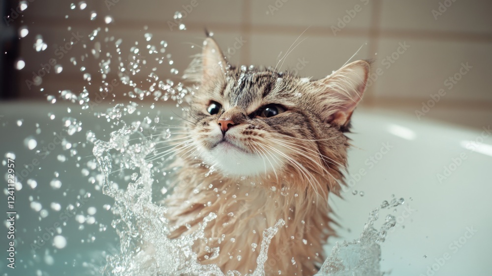 Poster a cat mid-shake in the bath, water droplets flying everywhere as it tries to shake off the water, cr