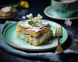 Polish Easter Dessert - Traditional Yeast Cake with Powdered Sugar on a Turquoise Plate. Perfect...