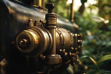 Fototapeta premium Close-up of intricate brass and dark metal components of an antique steam engine, set against a lush green backdrop.