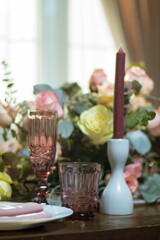 Festive table decorations, flowers and tableware, beautiful table setting for guests
