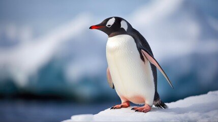 Fototapeta premium Profile of a Majestic Gentoo Penguin in Snowy Antarctica - Close-Up of Wildlife in Cold Nature Habitat (16:9)