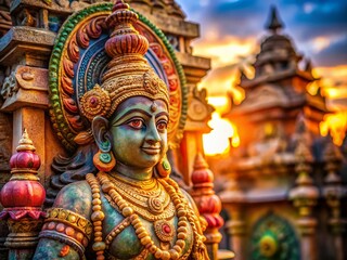 Naklejka premium Macro Detail of Hindu God Statue Sculpture, Temple Carving, Religious Art