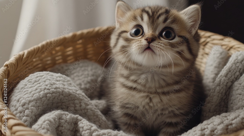 Poster a chubby kitten sitting in a basket filled with soft blankets, looking up with big, curious eyes and