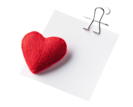 Isolated Blank Paper Note with Red Fabric Heart and Clip