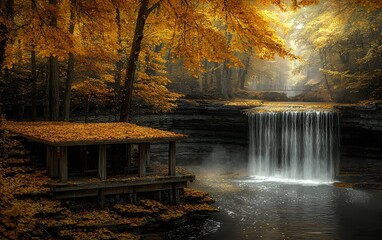 Fototapeta premium A serene autumn scene featuring a tranquil waterfall surrounded by vibrant orange and yellow foliage, with a wooden structure partially covered in leaves, creating a peaceful atmosphere.