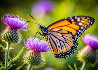 Fototapeta premium Macro Photography: Monarch Butterfly on Purple Thistle