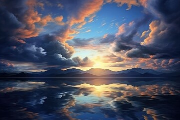 Fototapeta premium Romantic Evening Landscape with Mountains and Reflection in the Water