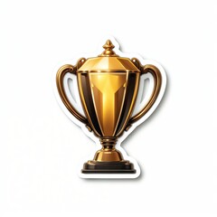 Fototapeta premium A golden trophy with a polished finish and ornate handles sits on a black base. The clean white background highlights its modern presentation.
