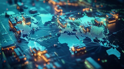 Obraz premium A futuristic global logistics network glowing in neon, interconnected cities, automated cargo hubs, AI-driven operations in vibrant blue-green hues, seamless supply flow