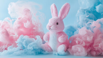 Pink Plush Toy Rabbit with Pink Clouds on Light Blue Pastel Background with Copy Space