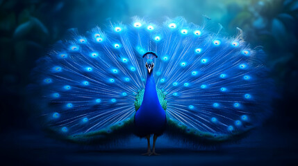 A stunning peacock displays its vibrant blue feathers in a serene environment, showcasing nature's beauty and elegance.