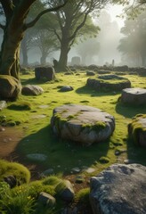 Lush greenery and vibrant moss covering the weathered stones of an ancient stone circle, nature's beauty, winter forest