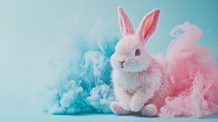 Pink Plush Toy Rabbit with Pink Clouds on Light Blue Pastel Background with Copy Space