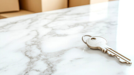 Silver key on elegant marble counter with blurred cardboard boxes moving new home concept