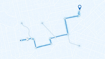 Abstract GPS navigation, location and map pointer. City map featuring directional signs, an intended goal point and multiple markers. Vector illustration with route, alternative paths.