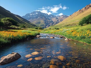 A serene landscape featuring a clear stream running through vibrant wildflowers and lush green hills, under a bright blue sky and majestic mountain peaks in the background.